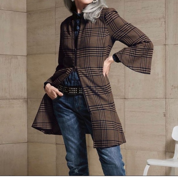 Cabi Flounce Jacket Tartan Style Plaid Long Length Brown and Black Women’s Small - Picture 1 of 6